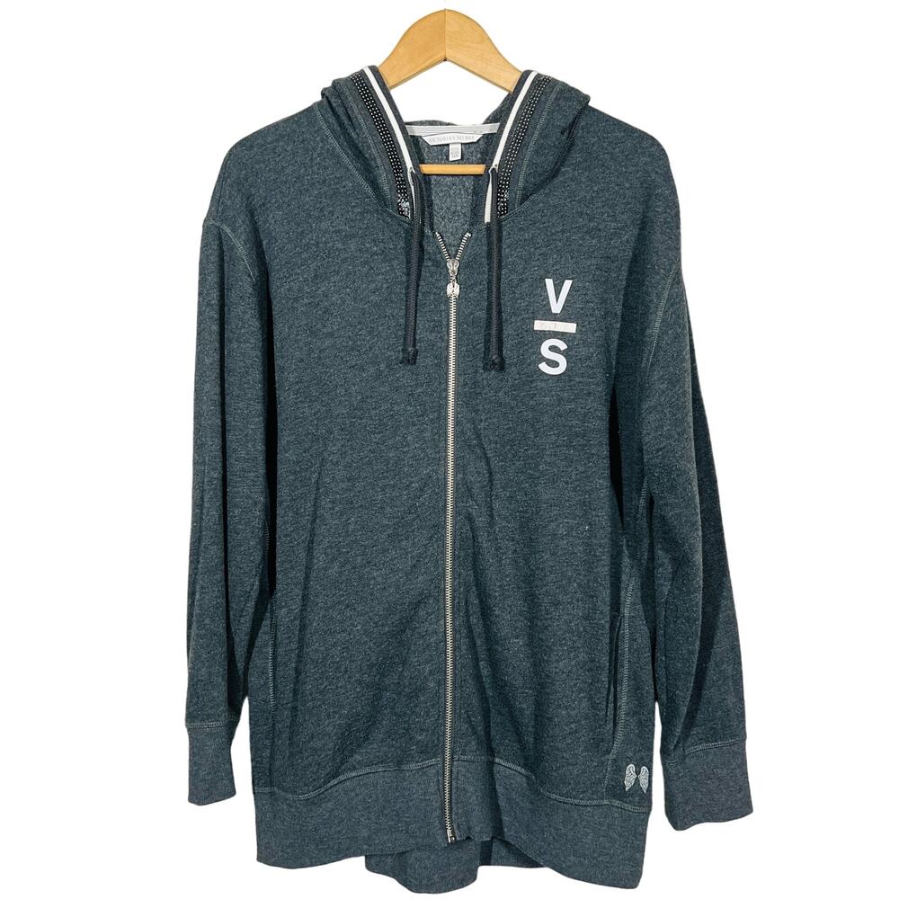 Victoria's Secret Full Zip Sequin Trim Hoodie Jacket Hooded Jersey Knit Gray - M